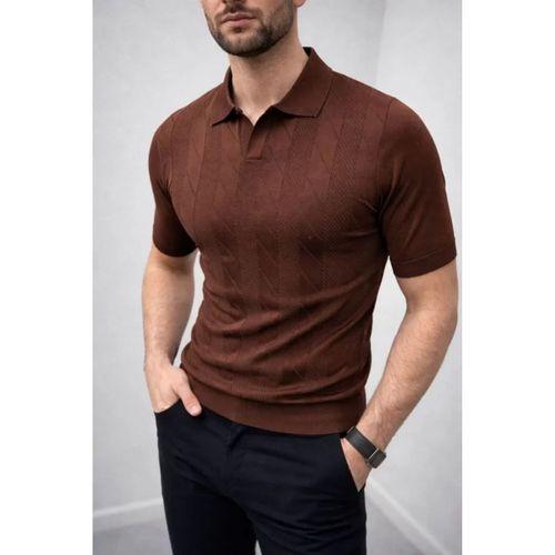 Erkek Yazlık Triko Dokuma Tişört Kısa Kol Polo Yaka T-Shirt - Kahverengi