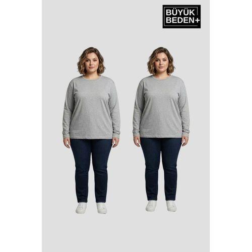 Kadın Büyük Beden 2 li Set Uzun Kollu 2 İplik Bisiklet Yaka Tişört SPR26BEA942+2