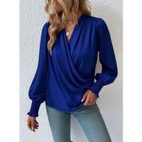 Kadın Uzun Kollu Dökümlü Kruvaze Yaka Kol Ucu Gipeli Sandy Lacivert Bluz