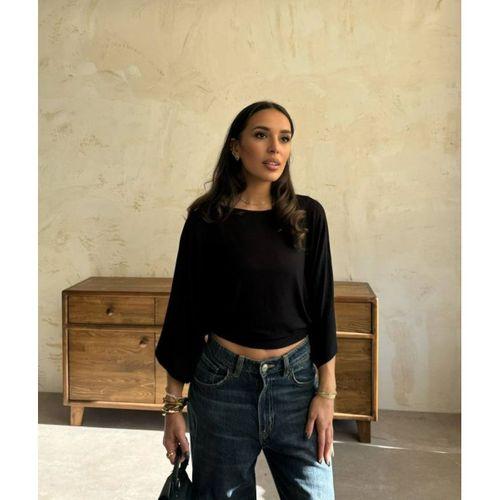 Kadın Kayık Yaka Yarasa Kol Dökümlü Kısa Bluz