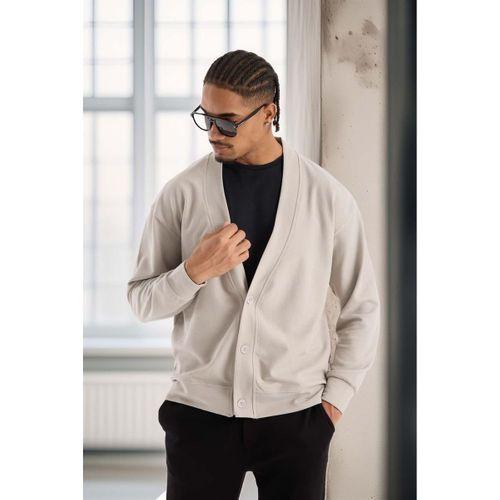 Potter Dokulu Selanik Kumaş Oversize Basic 3 Düğmeli Erkek Hırka - Mineral Gri