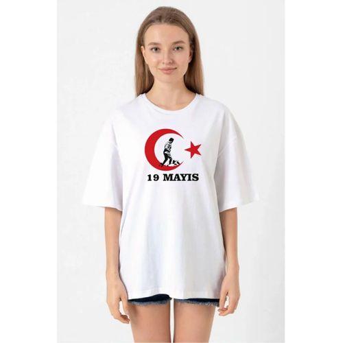 19 Mayıs Atatürk Gençlik Spor Bayramı Baskılı Bisiklet Yaka T-shirt - Beyaz