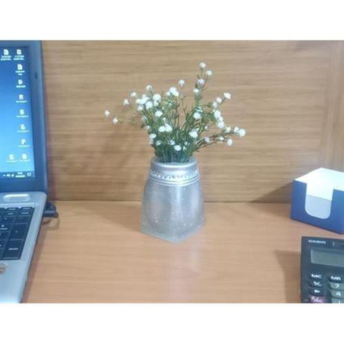 2 Adet Vazo Dahil,Vazoda Çiçek,Beyaz Yapay Çiçek,Vazo Dekoratif Kristal Taşlı Gümüş Poliresin 7X7X15Cm