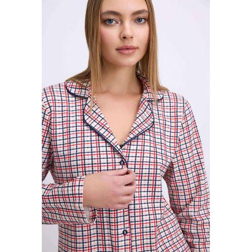 Pamuklu Uzun Kol Düğmeli Gömlek Ve Ekose Pantolon Pijama Takımı