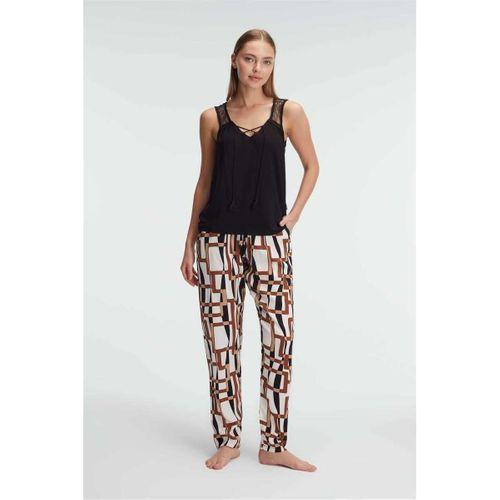 Sıfır Kol V Yaka Viskon Geometrik Yazlık Uzun İp Detaylı Pijama Takımı