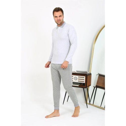 Erkek Polo Yaka Uzun Kol Penye Pijama Takımı Gri