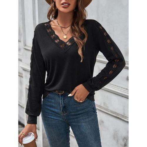 Kadın Uzun Kollu V Yakalı Dantel Detaylı Viskon Bluz