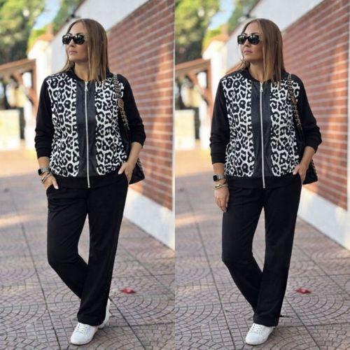Kadın Uzun Kollu önden Fermuarlı Leopar Desenli Viskon Iki Iplik Bluz Ve Pantolon Ikili Takım