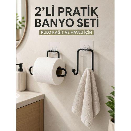 2’li Yapışkanlı Banyo Düzenleme Seti Rulo Kağıt Tutucu Ve Havlu Askılığı