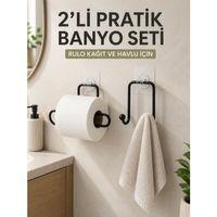 2’li Yapışkanlı Banyo Düzenleme Seti Rulo Kağıt Tutucu Ve Havlu Askılığı