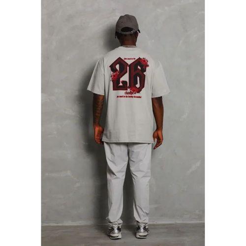 ERKEK Oversize Baskılı Bisiklet Yaka T-Shirt - Gri