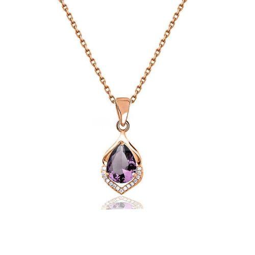 Rose Gold Ametist Taşlı Su Damlası Kadın Gümüş Kolye