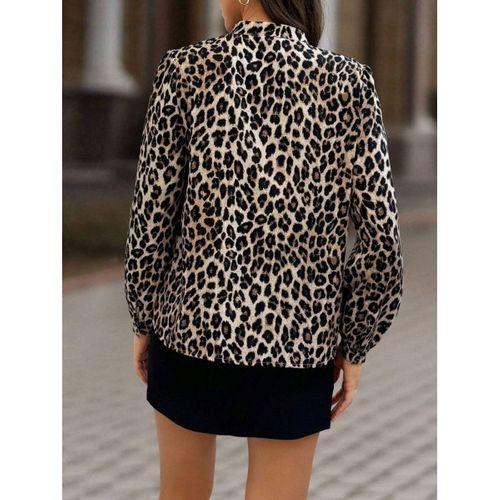 Kadın Uzun Kollu Yakadan Bağcıklı Leopar Desenli Süprem Bluz