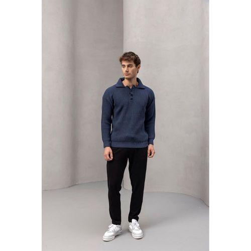 4 Düğmeli Yarım Pat Polo Yaka Kazak İndigo - Bezayağı Kumaş Pantolon Siyah