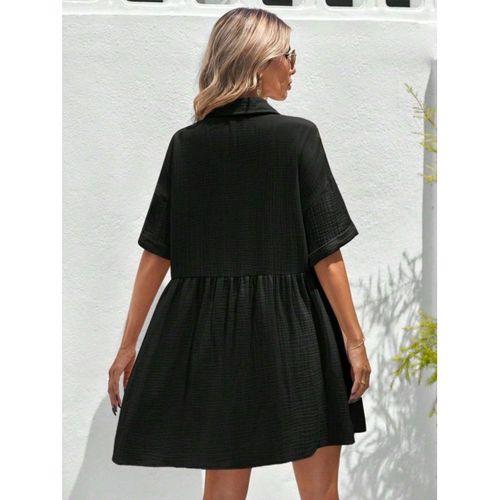 Kadın Kısa Kollu Yakalı önden Düğmeli Kısa Bürümcük Elbise