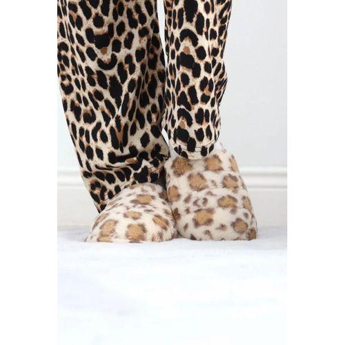 pilelistore Leopar Desenli Peluş Terlik Sütlükahve