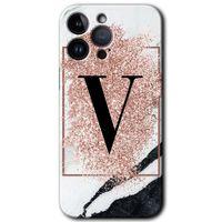 iPhone 14 Pro Max HD Baskılı Kılıf + 9D Tam Ekran Koruyucu - Pembe Mermer Desenli V Harfi