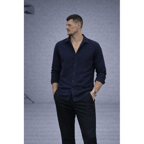 Apaş Yaka Oversize Müslin Kumaş Gömlek - Lacivert