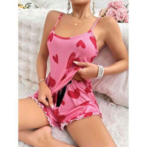 Kadın Pembe Kalp Baskılı Şortlu Gecelik Pijama Takımı 5050