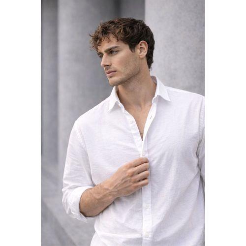 Scott – Soft Dokulu Yarım Oversize Modern Keten Görünümlü Erkek Gömlek - Beyaz