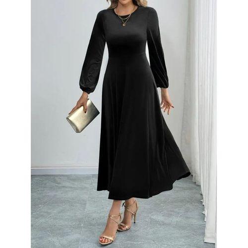 Kadın Uzun Kollu Bisiklet Yaka Midi Kadife Elbise