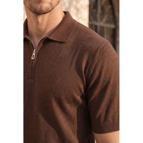 Linus Fermuarlı Polo Yaka Kısa Kollu İnce Triko Erkek T-Shirt - Kahve