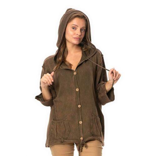 Uzun Kol Ceren Fileli Düğme Detaylı Çift Cepli Kışlık Kapüşonlu Triko Bluz Kahve Khv