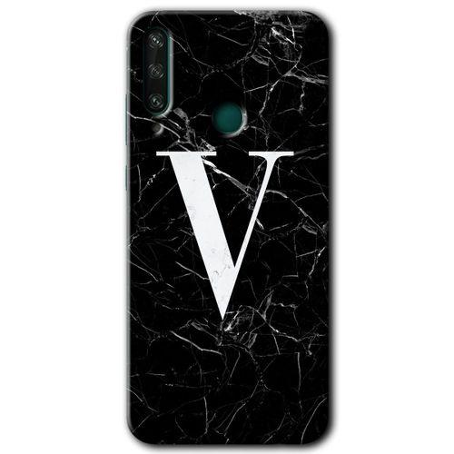 Huawei Y6P Kılıf HD Desen Baskılı Arka Kapak - Siyah Mermer Desenli V Harfi