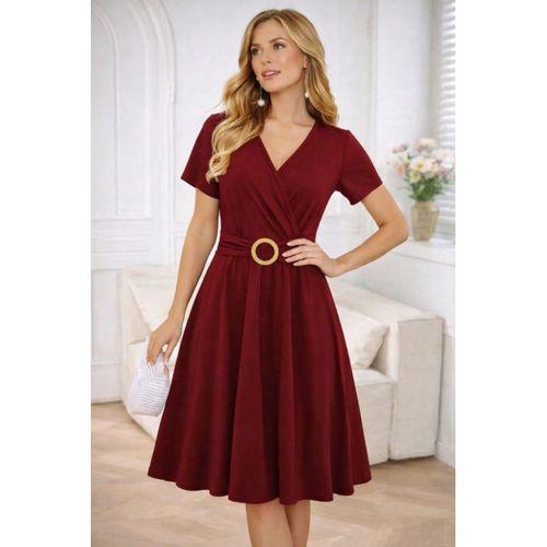 Kadın Kısa Kollu Kruvaze Yakalı önden Toka Detaylı Kısa Viskon Elbise