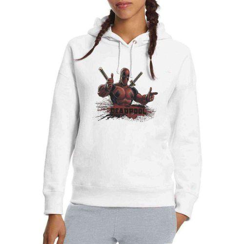 Deadpool Baskılı Beyaz Kadın Kapşonlu Sweatshirt