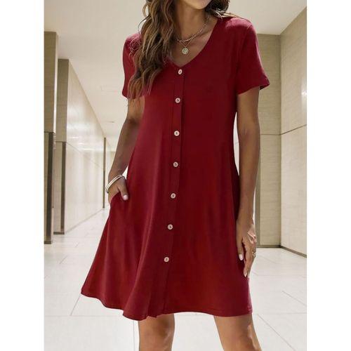 Kadın Kısa Kollu V Yaka önü Düğmeli Viskon Elbise