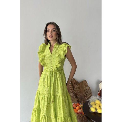 Yağ Yeşili Fırfırlı Düğmeli Elbise
