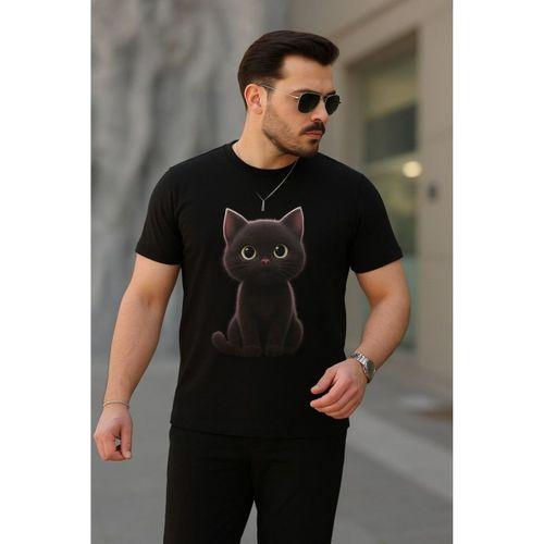 Erkek Bisiklet Yaka Kedi Baskılı Süprem T-shirt