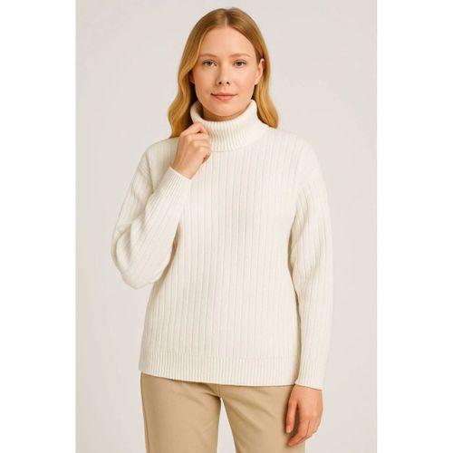 Balıkcı Yaka Bağazlı Triko Kazak Pamuklu Kalın Fitilli Dokuma - Beyaz