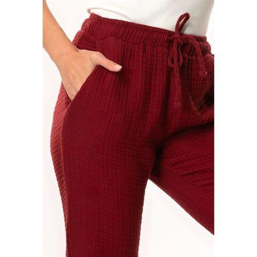 Beli Lastikli Multi Çift Cepli Müslin Kadın/Erkek Unisex Yazlık Pantolon Bordo Brd
