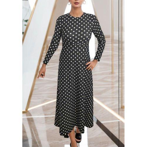 Kadın Siyah Tam Boy Beyaz Puantiyeli Elbise
