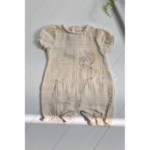 Müslin Kumaş Çiçek Nakışlı Pamuklu Kız Bebek Tulum