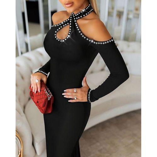 Kadın Omuzlardan Açık Boyundan Geçmeli Damla Detaylı Taşlı Midi Dalgıç Elbise