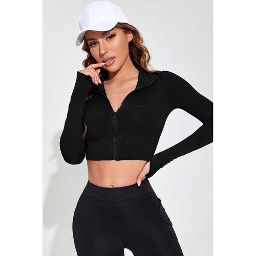 Kadın Siyah Uzun Kol Fermuarlı Parmak Geçme Detaylı Dik Yaka Crop Top Bluz