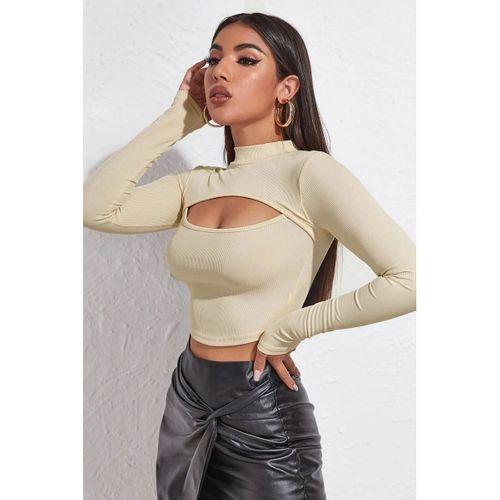Kadın Ekru Modern Fit Göğüs Dekolteli Uzun Kollu Cut Out Crop Top Bluz