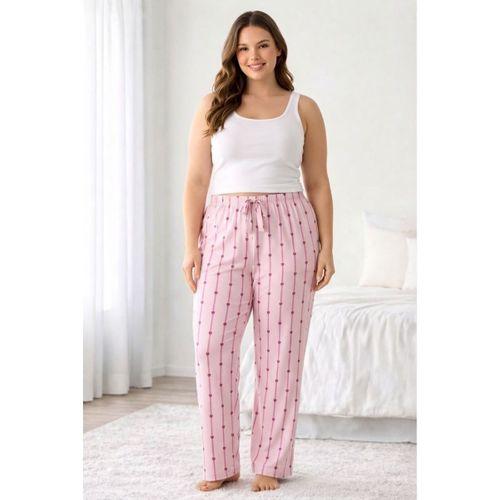 Viskon Pamuklu Kadın Büyük Beden Açık Pembe Desenli Pijama Pantolon - Brf007 -
