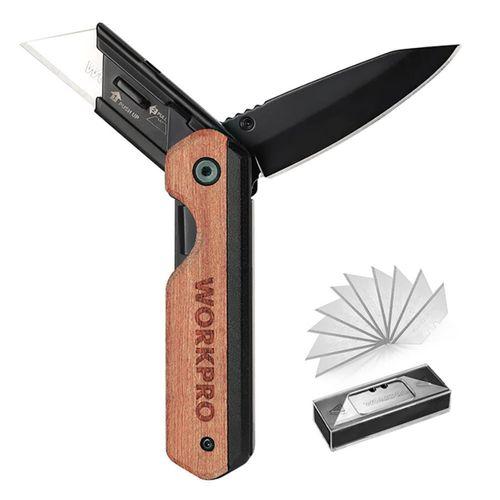 WORKPRO WP211015 2-IN-1 Ahşap Saplı Profesyonel Cep Çakısı & Katlanır Rötuş Maket Bıçağı + 11 Adet Yedek Bıçak