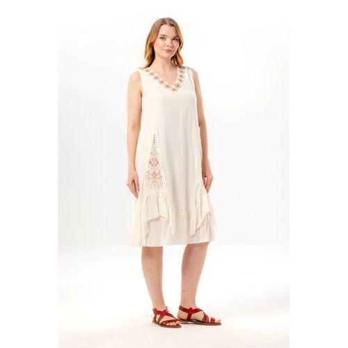 Kolsuz Begüm V Yaka Yazlık Nakışlı Otantik Vual Kısa Elbise Krem Krm