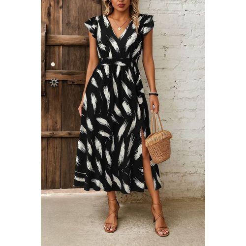 Kadın Kısa Kollu V Yakalı Desenli Yandan Yırtmaçlı Süprem Elbise