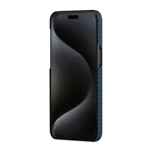 Apple iPhone 15 Pro Kılıf M-safe Şarj Özellikli 1500D Aramid Fiber Pitaka Ultra-Slim Classic Serisi Black-Blue Twill Kapak