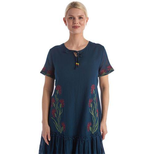 Kısa Kol Petrol Bağcıklı V Yaka Nakışlı Yazlık Vual Kısa Elbise