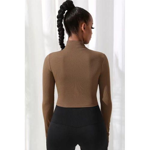 Kadın Kahverengi Uzun Kol Fermuarlı Parmak Geçme Detaylı Dik Yaka Crop Top Bluz