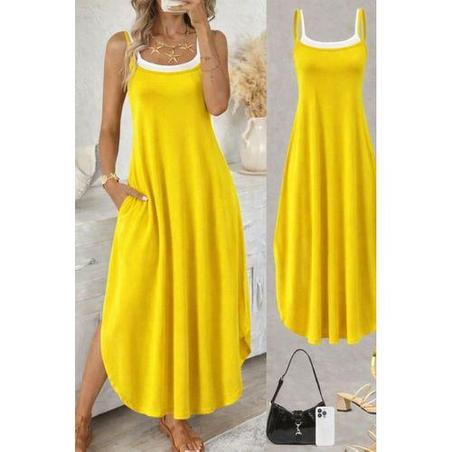 Kadın Ip Askılı Yuvarlak Yakalı Cepli Uzun Viskon Elbise