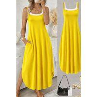 Kadın Ip Askılı Yuvarlak Yakalı Cepli Uzun Viskon Elbise