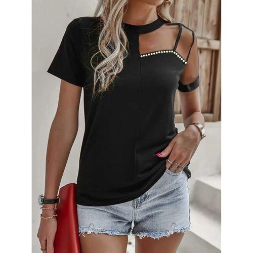 Kadın Kısa Kollu Tül Detaylı Taşlı Janjan Krep Bluz